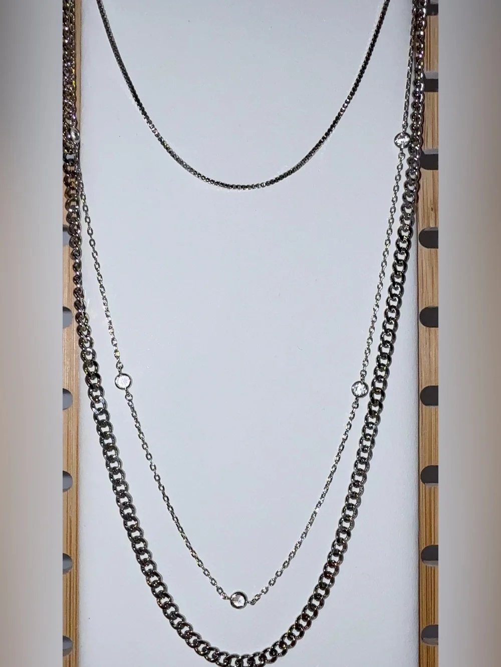 3 Layered Stainless Steel Silver Tone Crystal Station Necklace